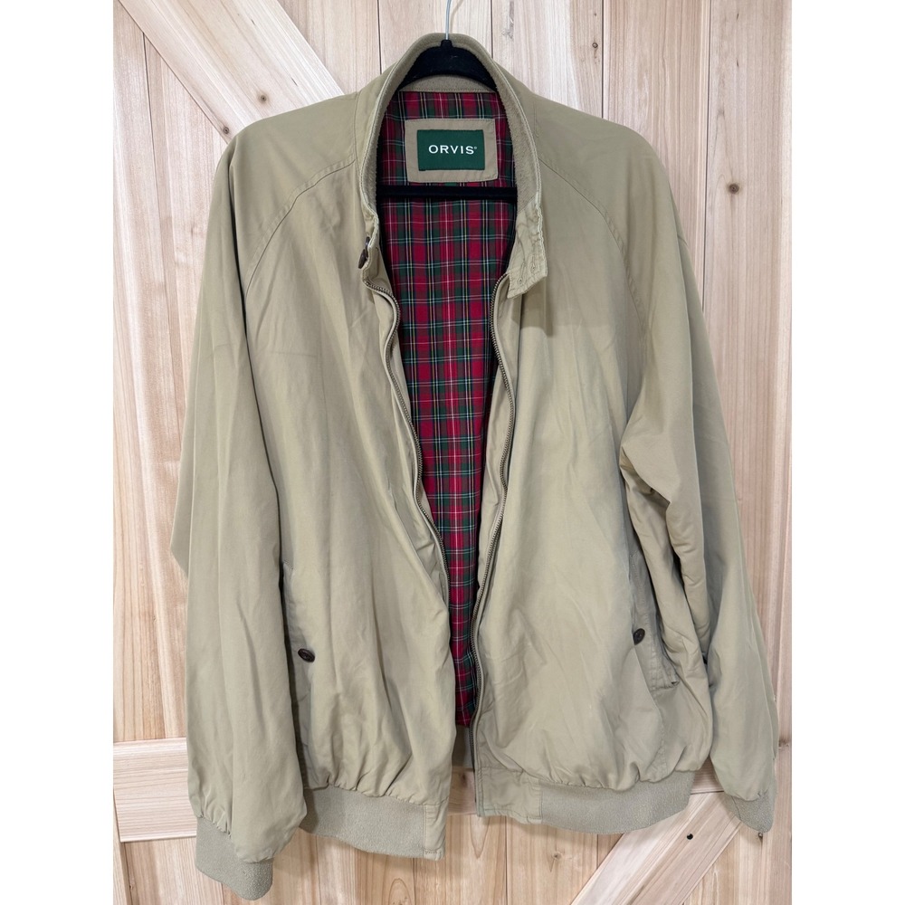 Orvis Mens XL Harrington Jacket Tan Khaki Plaid Lined Full Zip Bomber Coat